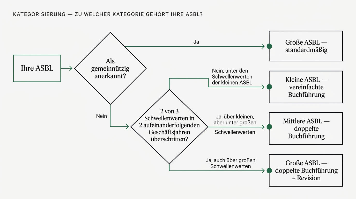 Entscheidungsbaum zur Kategorisierung einer luxemburgischen ASBL: gemeinnützig anerkannt = Große ASBL standardmäßig; ansonsten, unter den Schwellenwerten der kleinen = Kleine ASBL (vereinfachte Buchführung), zwischen Schwellenwerten klein und groß = Mittlere ASBL (doppelte Buchführung), über Schwellenwerten groß = Große ASBL (doppelte Buchführung + Revision).