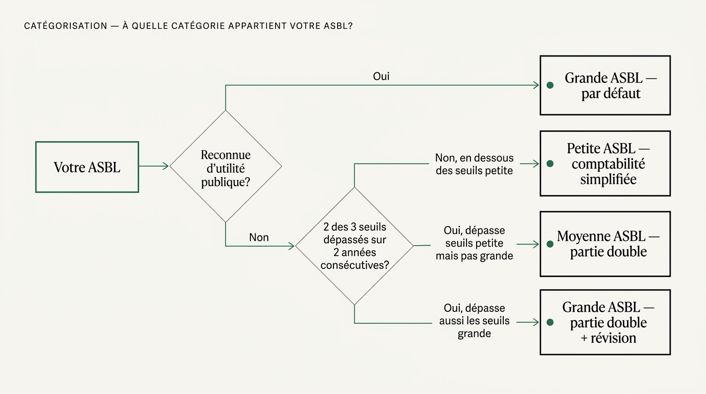 Arbre de décision pour catégoriser une ASBL luxembourgeoise : ASBL d'utilité publique = Grande ASBL par défaut ; sinon, en dessous des seuils petite = Petite ASBL (comptabilité simplifiée), entre seuils petite et grande = Moyenne ASBL (partie double), au-dessus des seuils grande = Grande ASBL (partie double + révision).